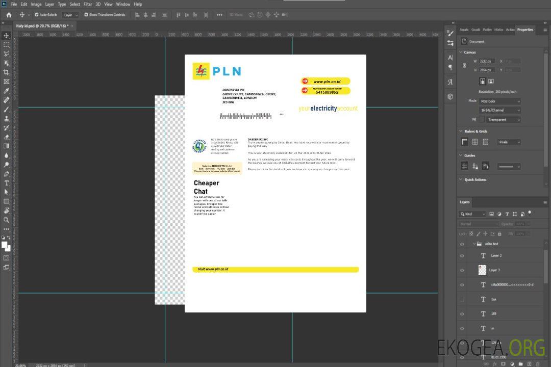 Modèle de facture de services publics d'électricité indonésienne PLN aux formats Word et PDF template